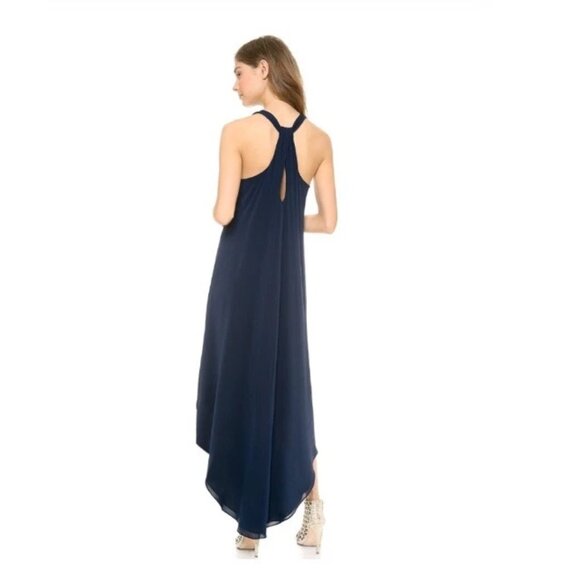 Alice + Olivia Dress Women’s SP Maxi Navy Silk Keyhole Knot Back High Low Drapey - Picture 3 of 10